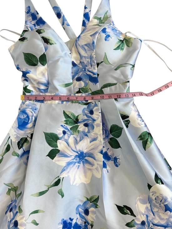 Speechless Blue Floral Satin Fit Flare Dress V Neck Wedding Guest Size 11 - Picture 7 of 10